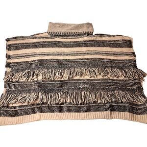 Poncho Turtleneck Sweater Womens One‎ Size Linda Anderson Fringe Black & Tan
